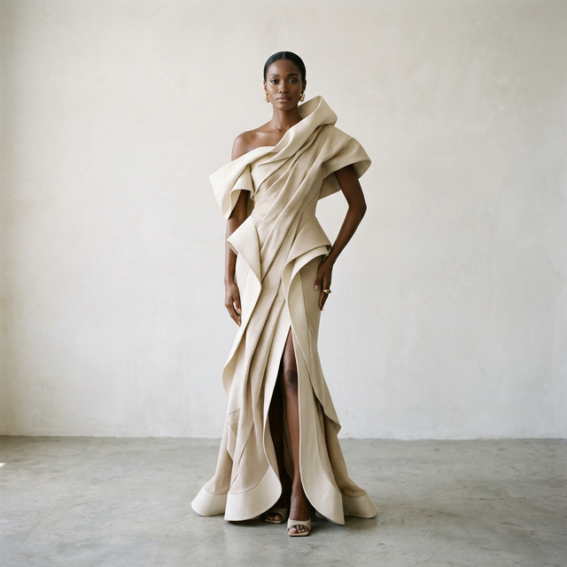 NOIRA couture model in beige dress