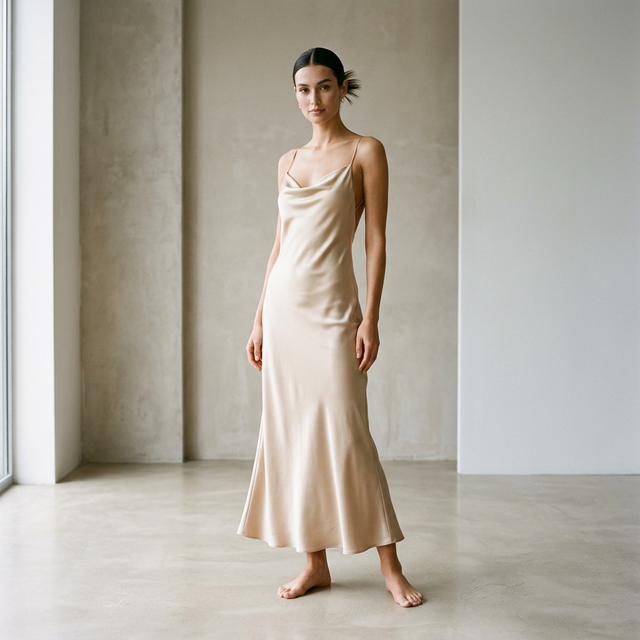 Model in Champagne Slip Dress
